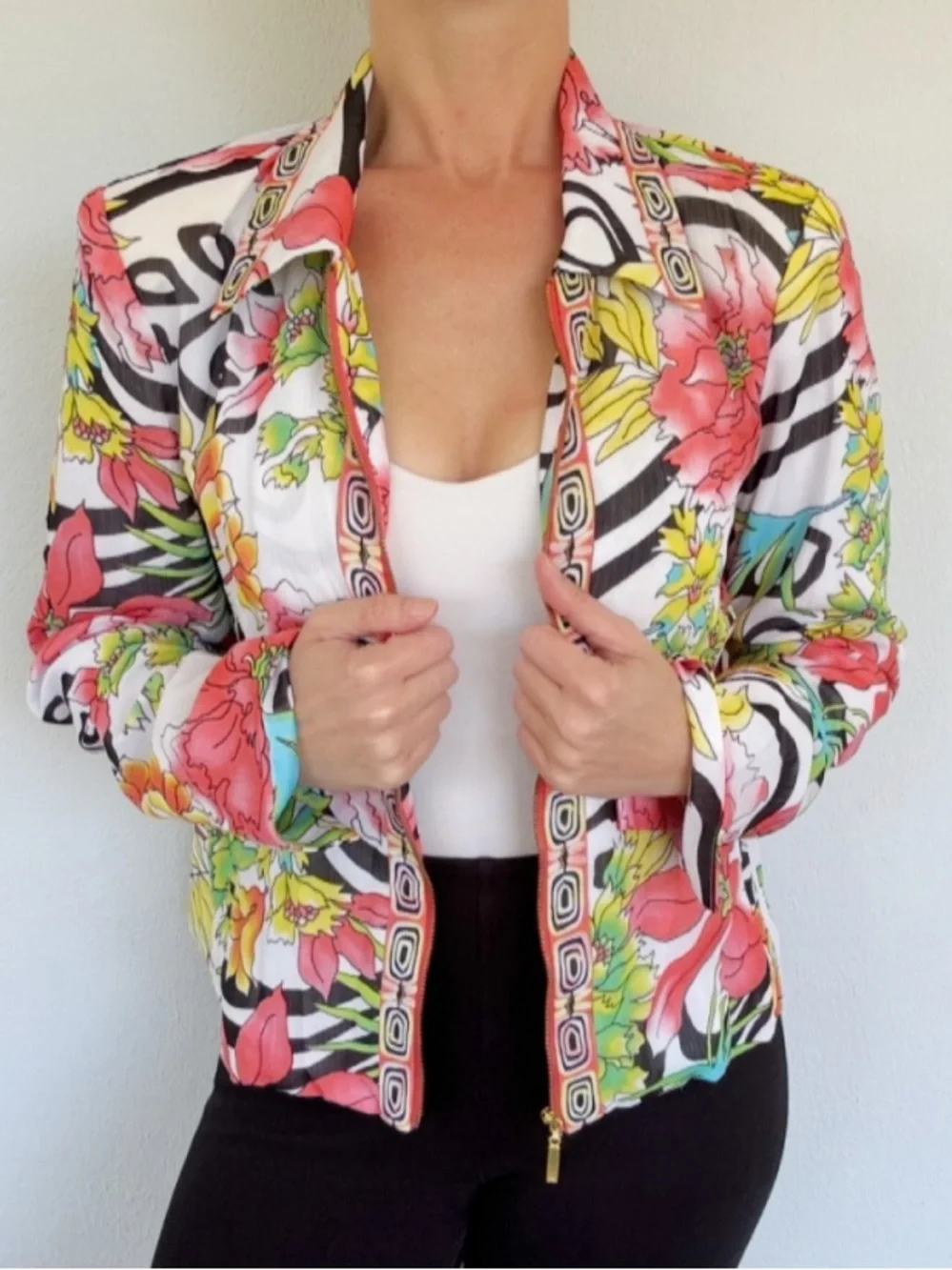 City Girl Nancy Bolen white pink tropical floral matching jacket tank set S/M